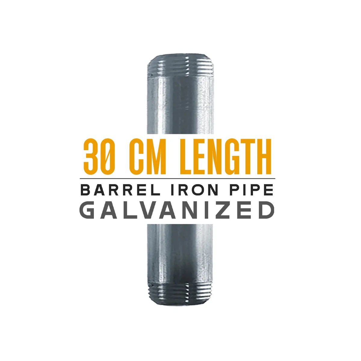 30cm galvanized malleable iron 3/4 inch threaded pipe with male BSP threads on both ends against white background