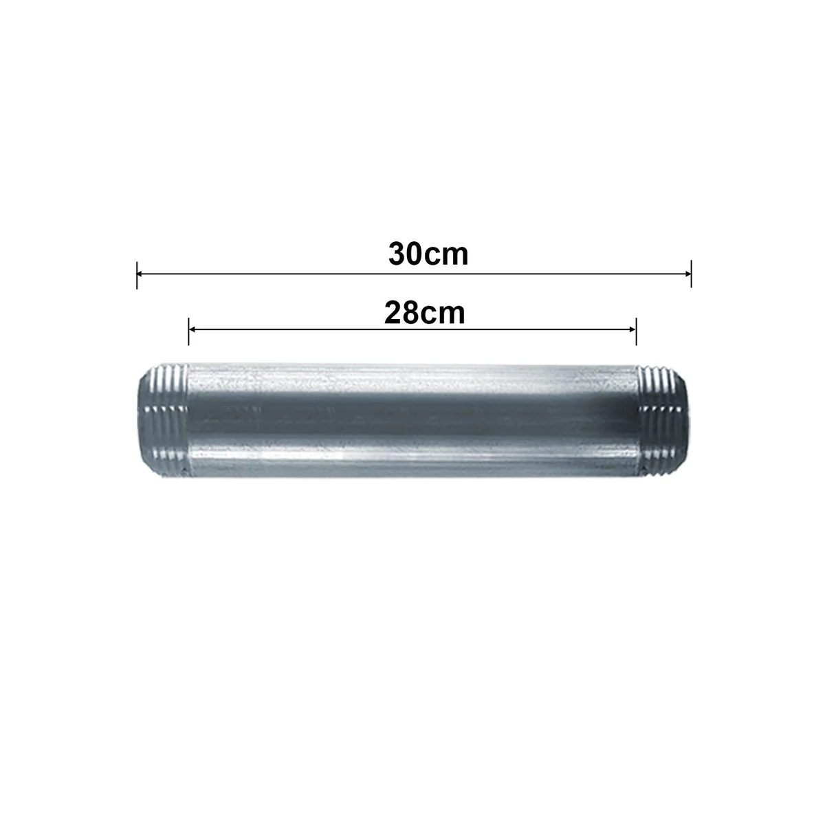 30cm galvanized malleable iron male-to-male pipe nipple with ¾ inch BSP threaded ends on plain background