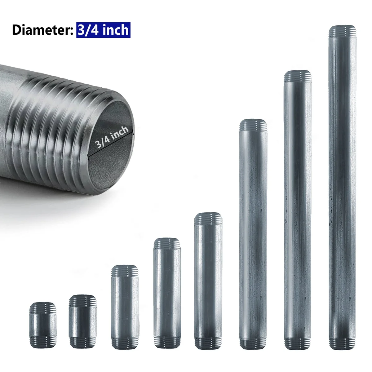 30cm galvanized iron pipe with ¾ inch BSP male threads on both ends, shown on white background