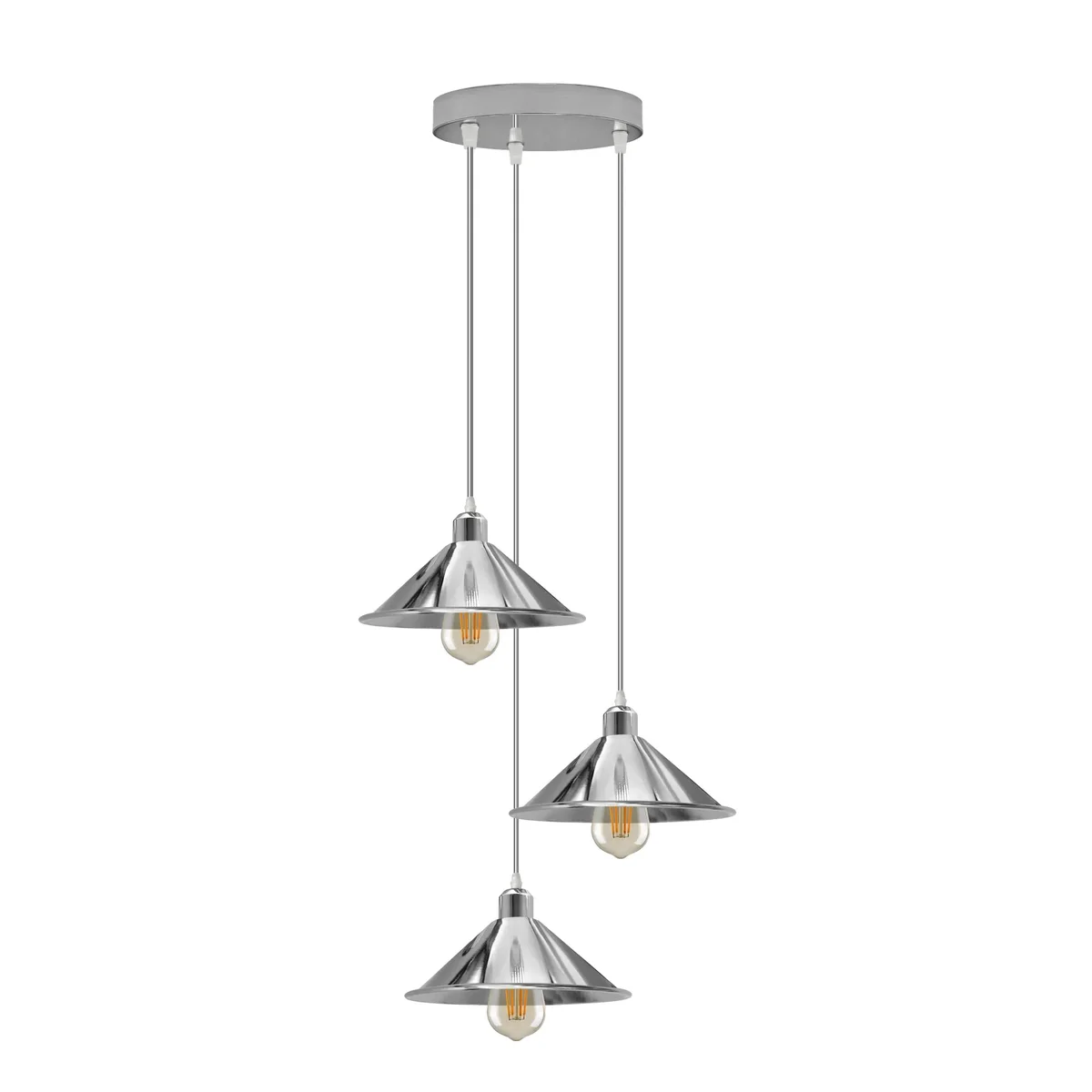 Three head round chrome metal pendant light with cone-shaped shades and 95cm hanging cords against white background