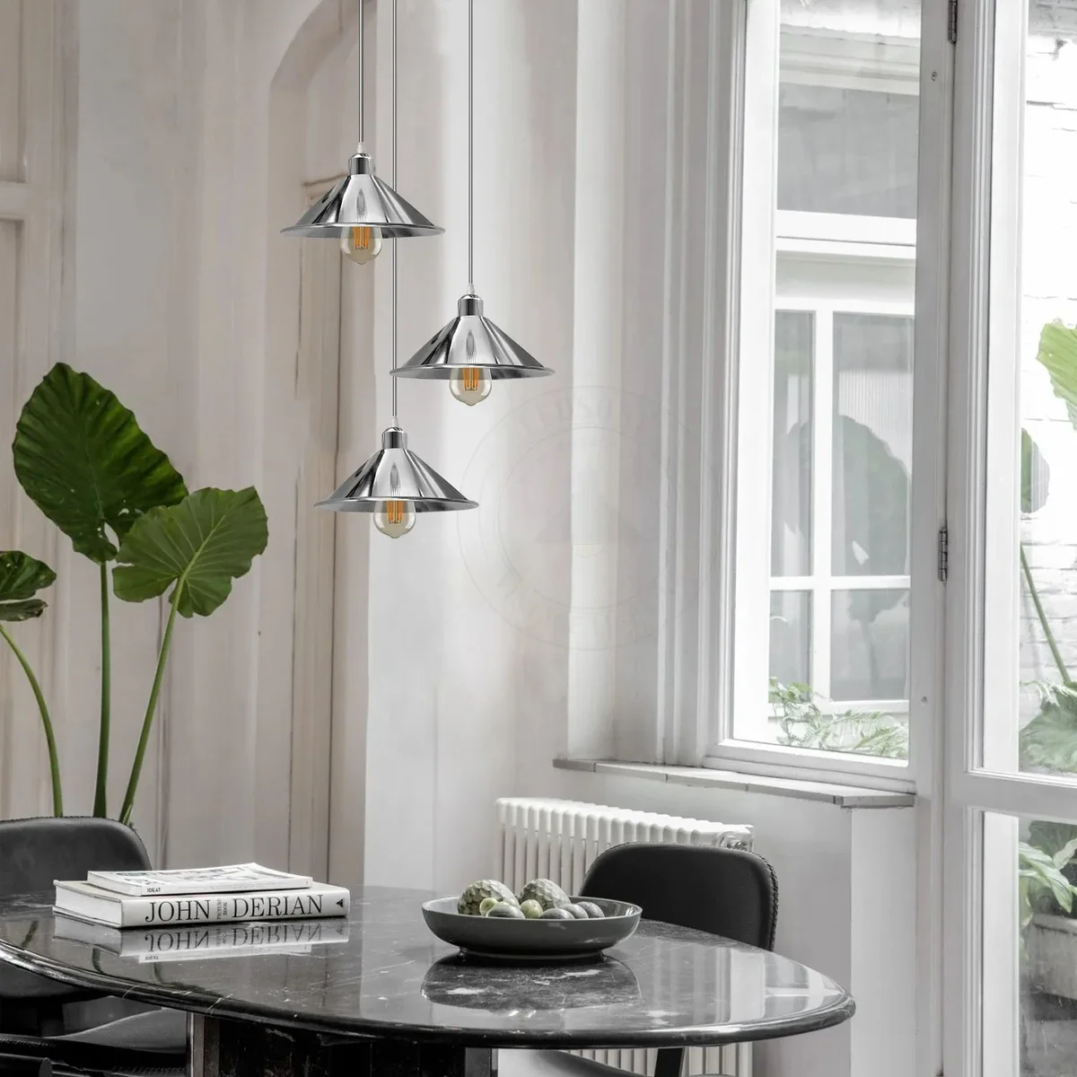 Three-head vintage ceiling light with chrome metal cone shades hanging from 95cm cords against a white background