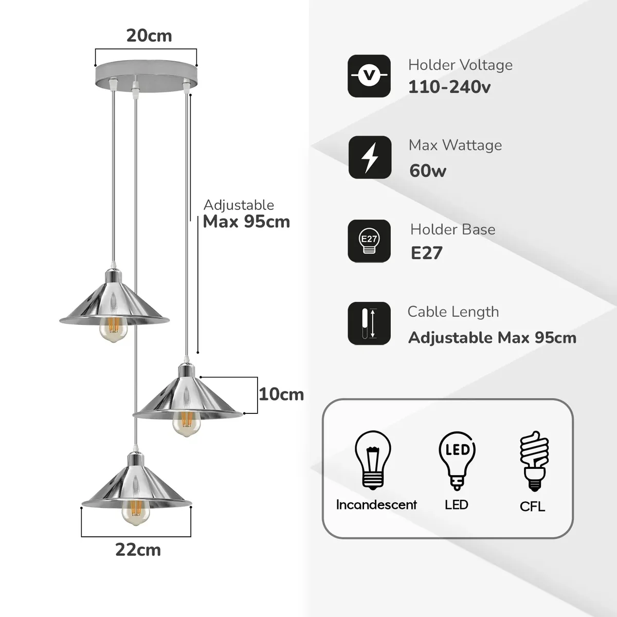 Three cone-shaped metal shades with 95cm cords for E27 hanging lamp, vintage style, chrome finish, ceiling installation kit included
