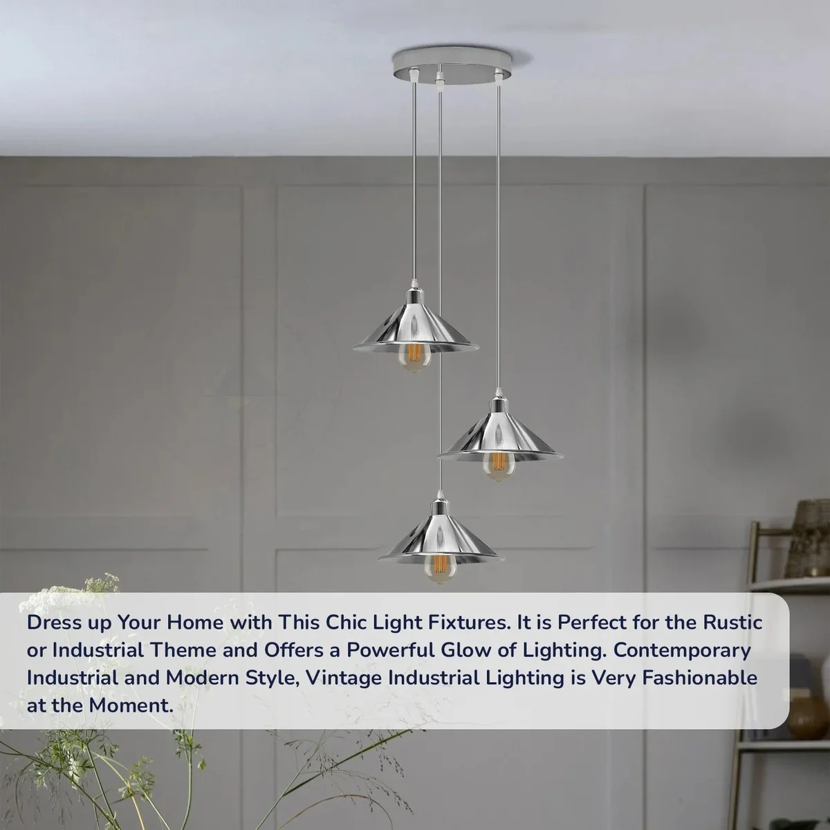 Three chrome cone-shaped metal shades hanging from cords, showcasing retro pendant lighting with E27 sockets