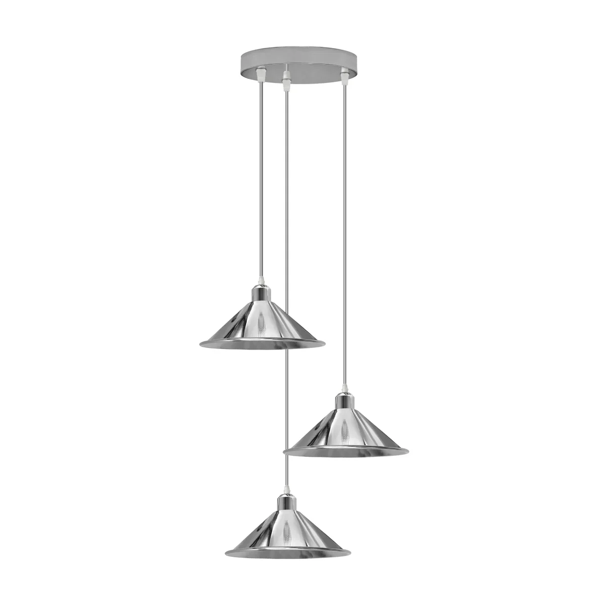 3 head pendant light with three chrome metal cone shades hanging from cords, vintage style, suitable for indoor use