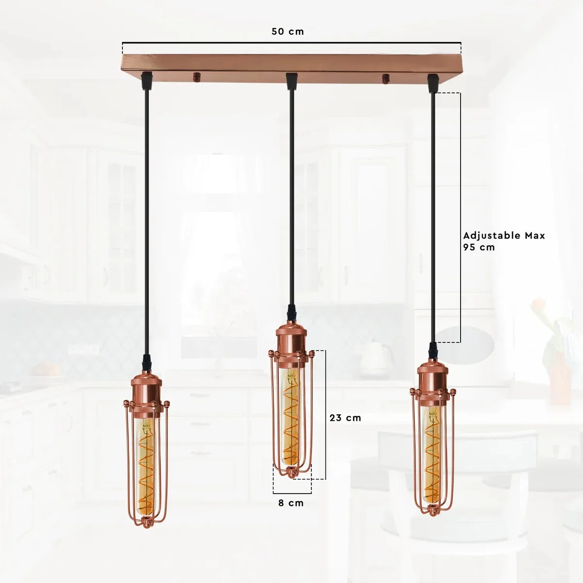Rose gold vintage ceiling light with three rectangular wire cage shades hanging from adjustable black cords