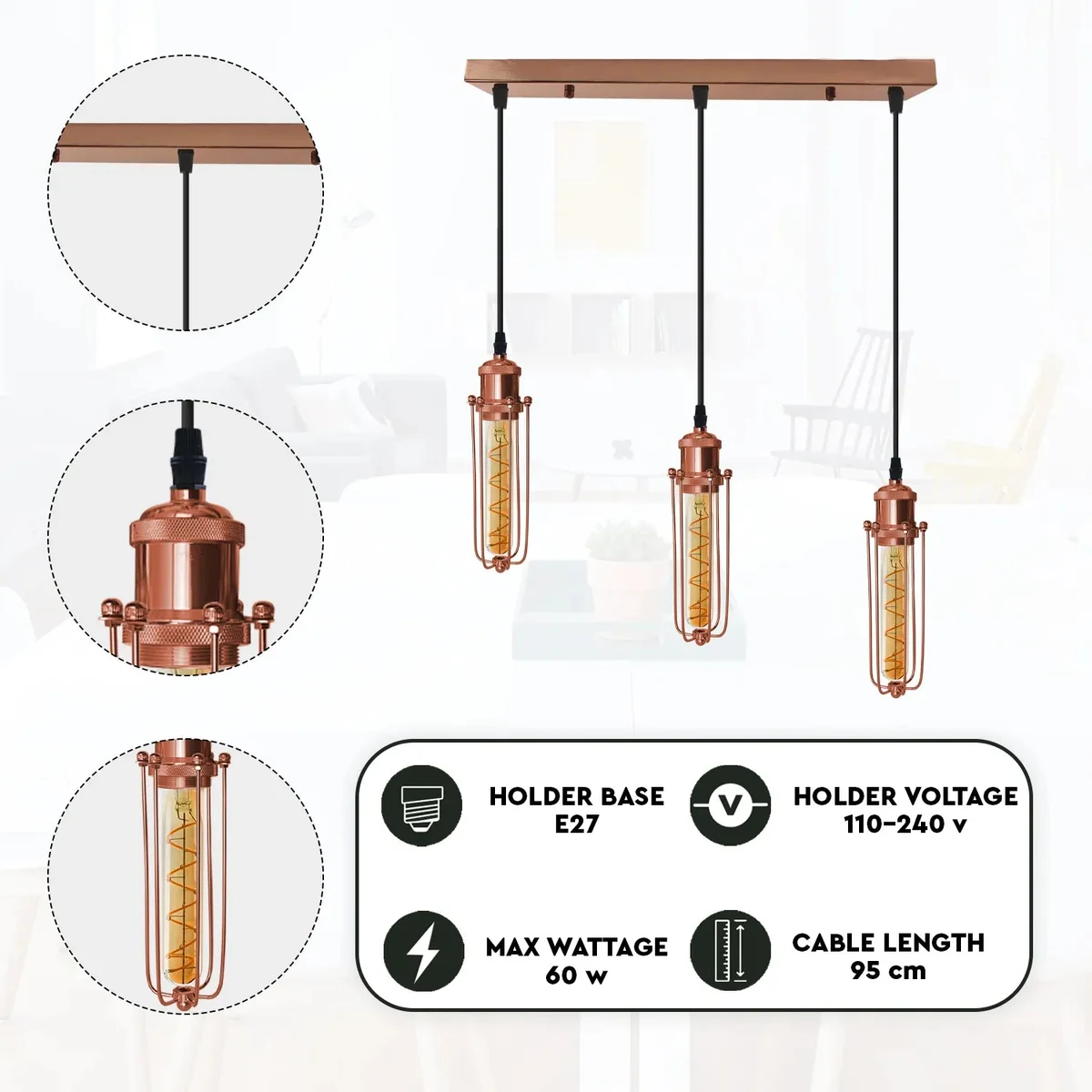 Rose gold 3-head adjustable pendant light with rectangular wire cage shades hanging from black cords