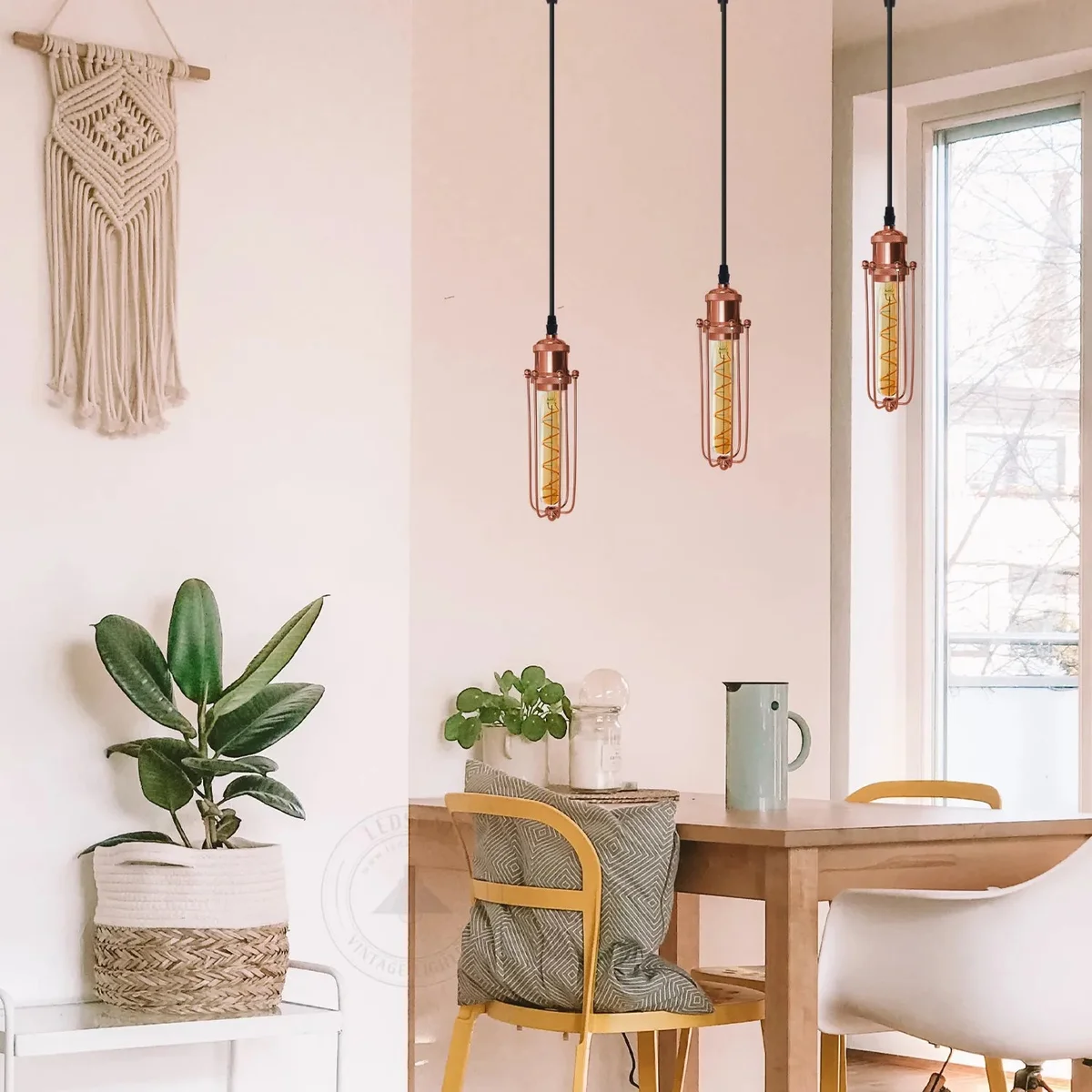 Rose gold 3-head pendant light with rectangular wire cages and adjustable cords, compatible with E27 bulb pendant fittings