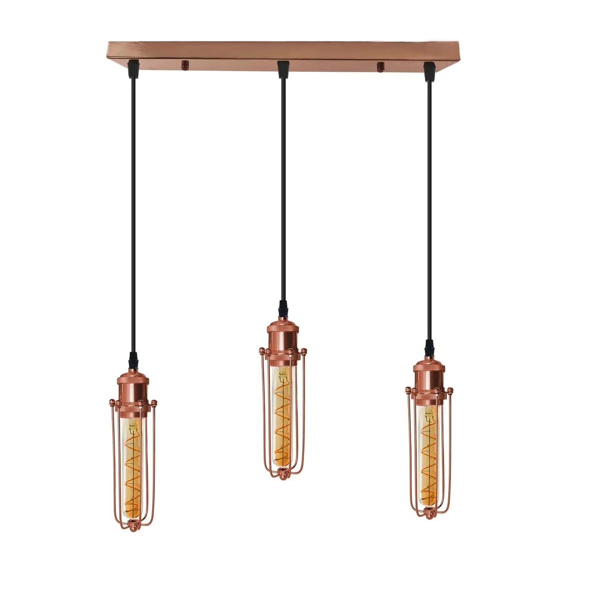 Rose gold metal cage pendant light with three rectangular wire cages and adjustable black hanging cords on white background