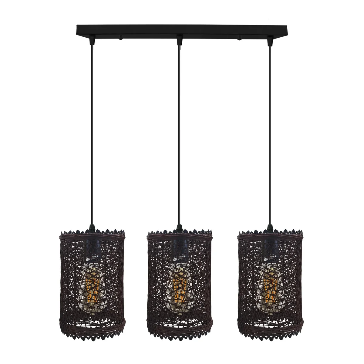 Three head vintage style rattan ceiling pendant light with rectangular wicker shades and adjustable cables hanging indoors