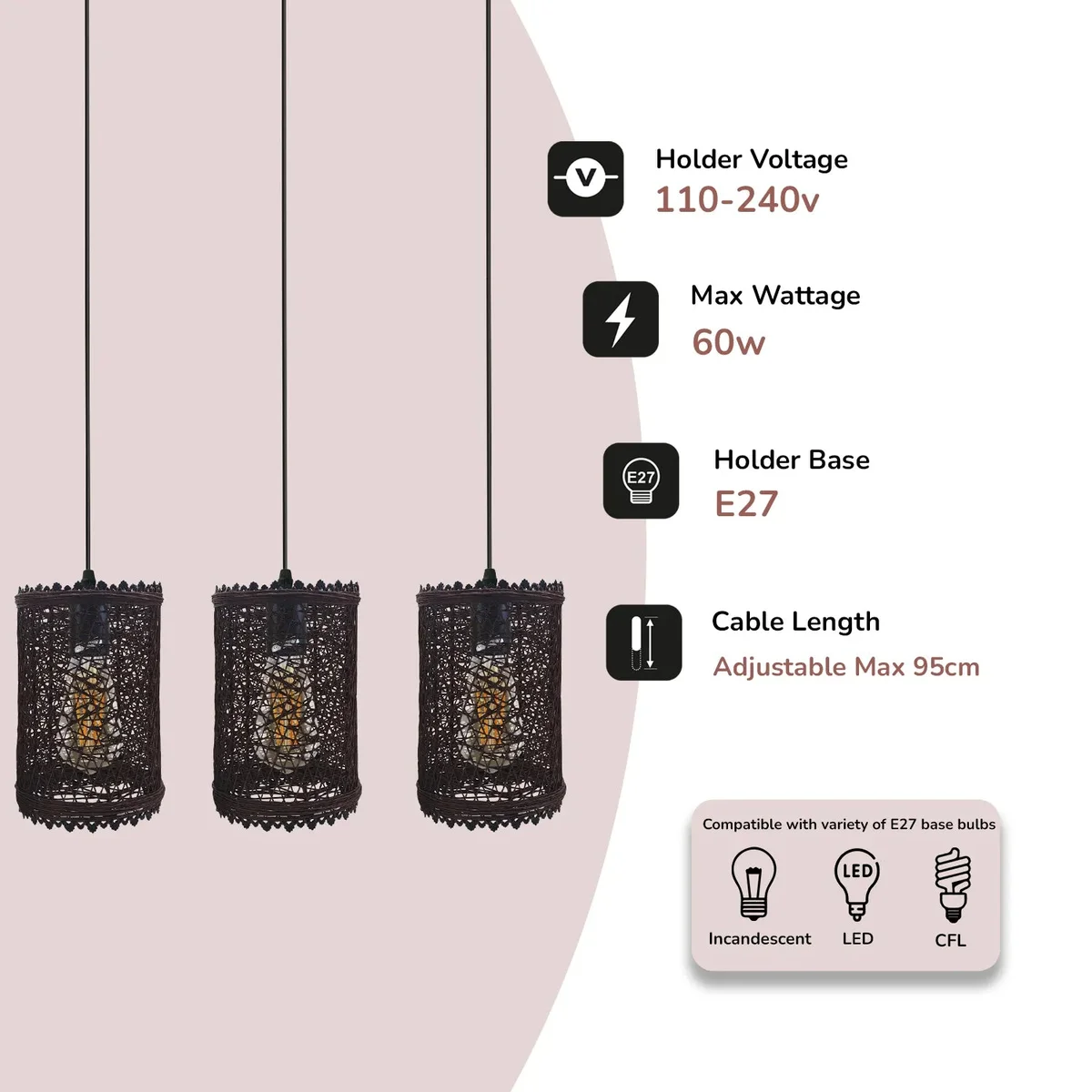 Three-head vintage pendant light with rectangular rattan shades hanging from adjustable cables against white background