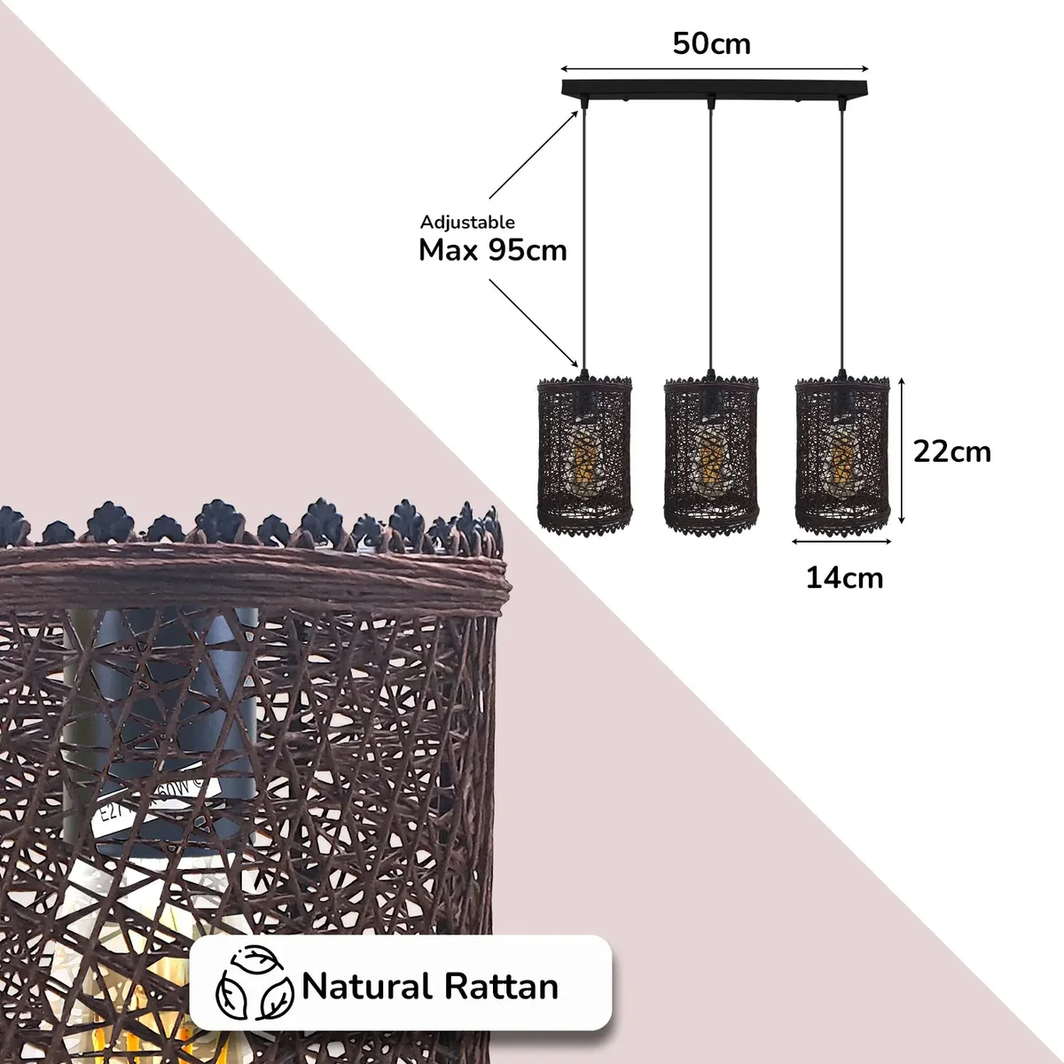 Vintage style 3 head ceiling light with three rattan rectangle shades hanging from adjustable cables