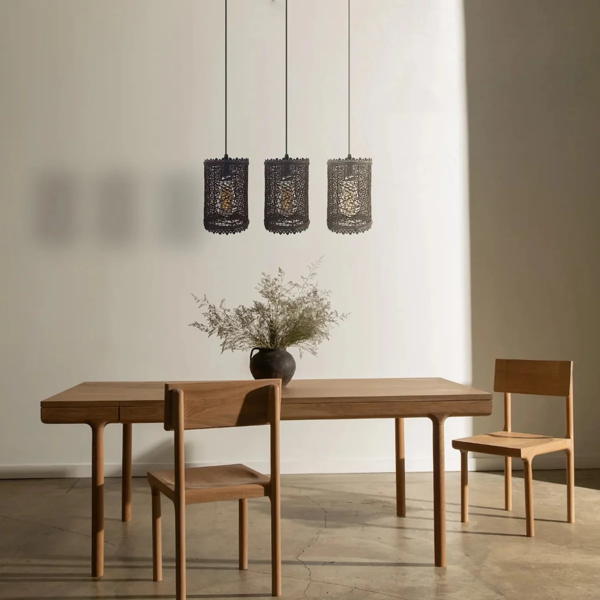 Three head vintage rattan ceiling pendant light with adjustable cable pendant and 14cm diameter lampshades in warm tones