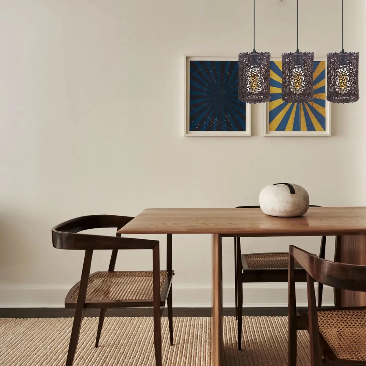 Three vintage-style rattan pendant lamps with adjustable cords, designed for E27 bulb ceiling light fittings, indoor use