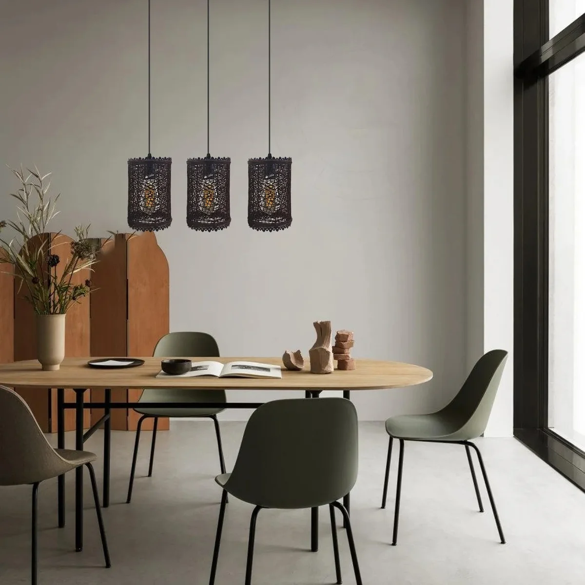 Three head dimmable rattan pendant light with rectangular wicker shades hanging from adjustable cables indoors