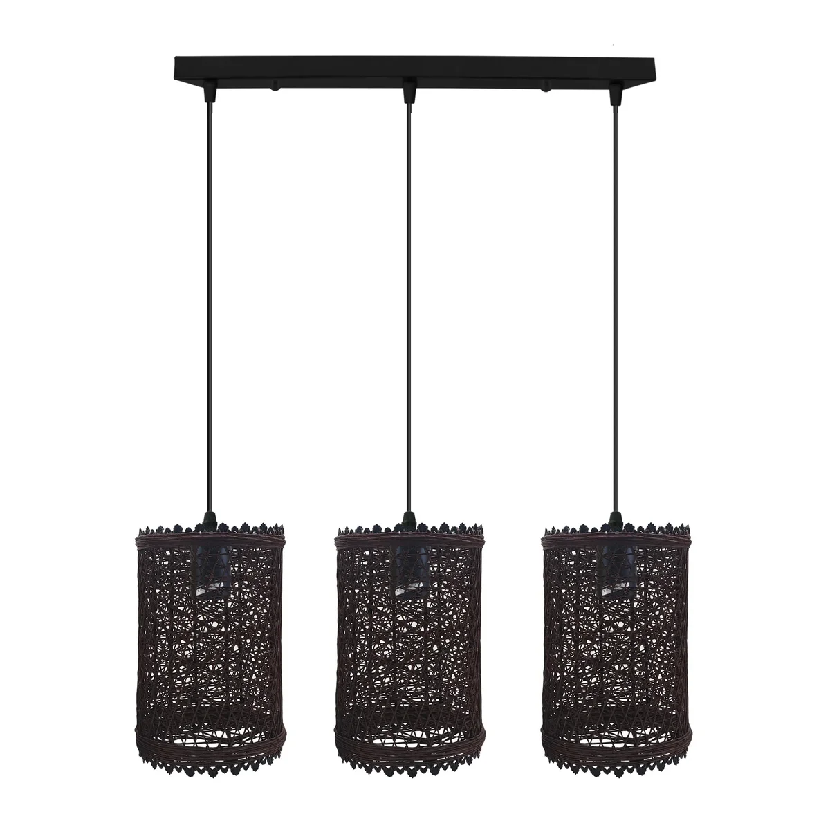 Three-head vintage style rattan ceiling pendant light with 14cm diameter wicker shades and adjustable cables hanging indoors