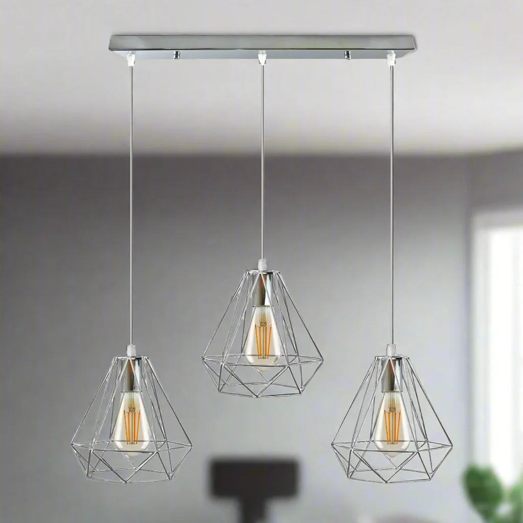 Chrome 3-head pendant light with metal diamond cage design and 95cm cables hanging from ceiling rose