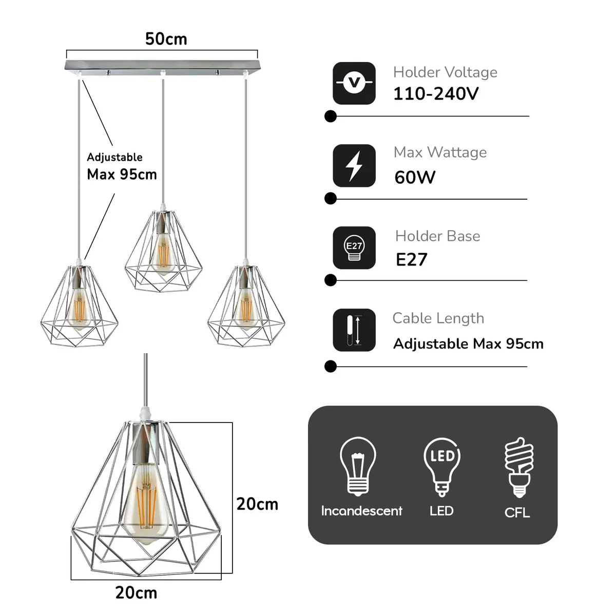 Chrome 3-head diamond cage pendant light with metal wire design and E27 bulb holders hanging from ceiling rose