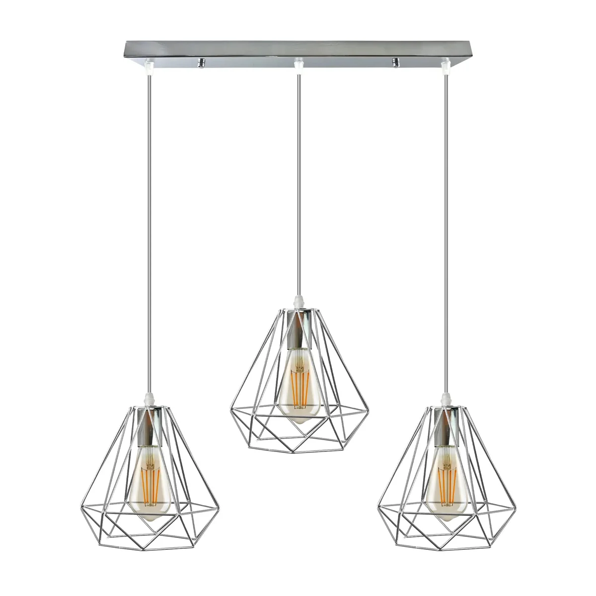 Three-head chrome metal ceiling light with diamond wire cage design hanging against a white background