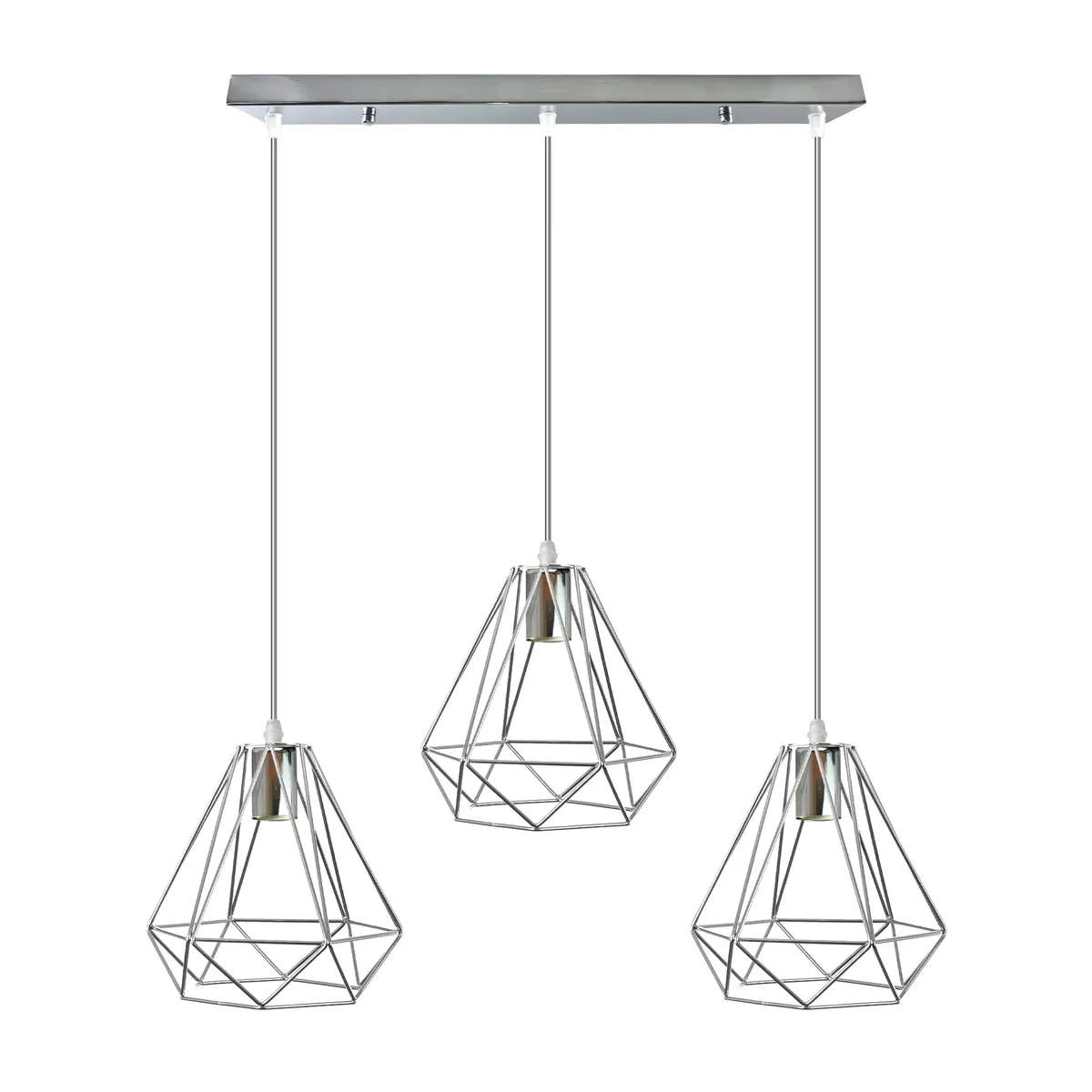 Three-head chrome metal cage ceiling lamp with diamond wire design hanging from ceiling with exposed bulbs