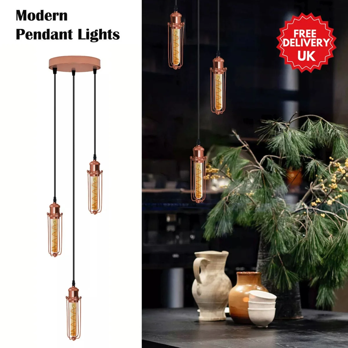 Rose gold pendant light with three round wire cage shades hanging from adjustable black cords on a round ceiling base