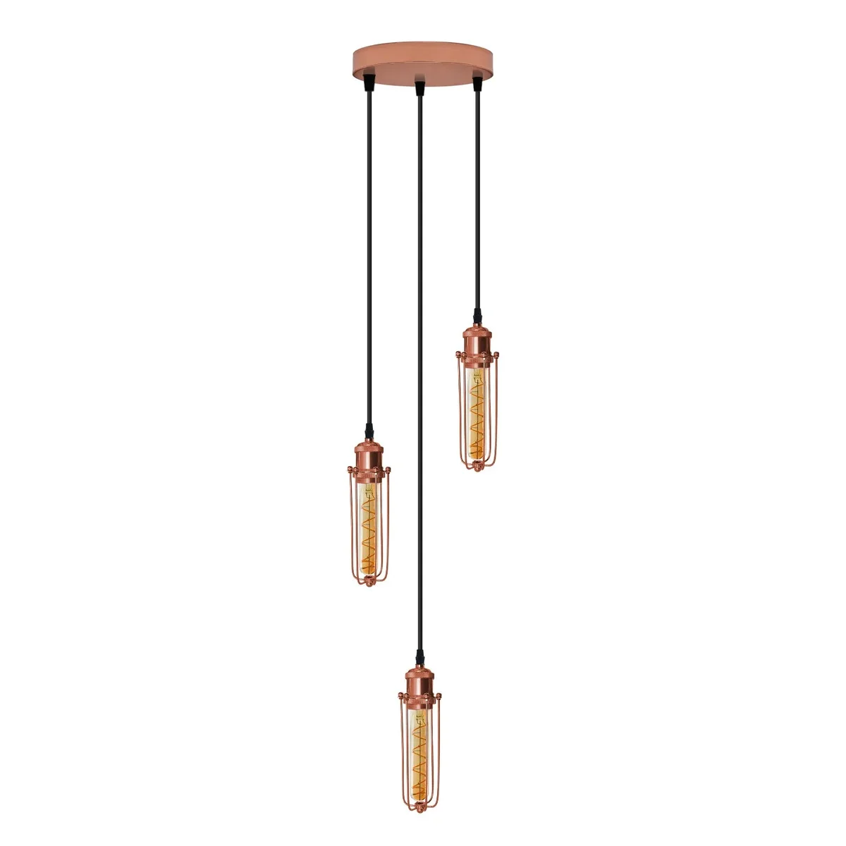 Rose gold vintage pendant lighting with three round wire cage shades hanging from adjustable black cords