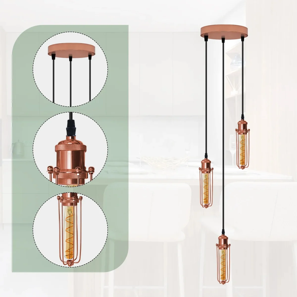 Rose gold 3-head pendant light with round wire cages and adjustable cable pendant hanging from ceiling rose