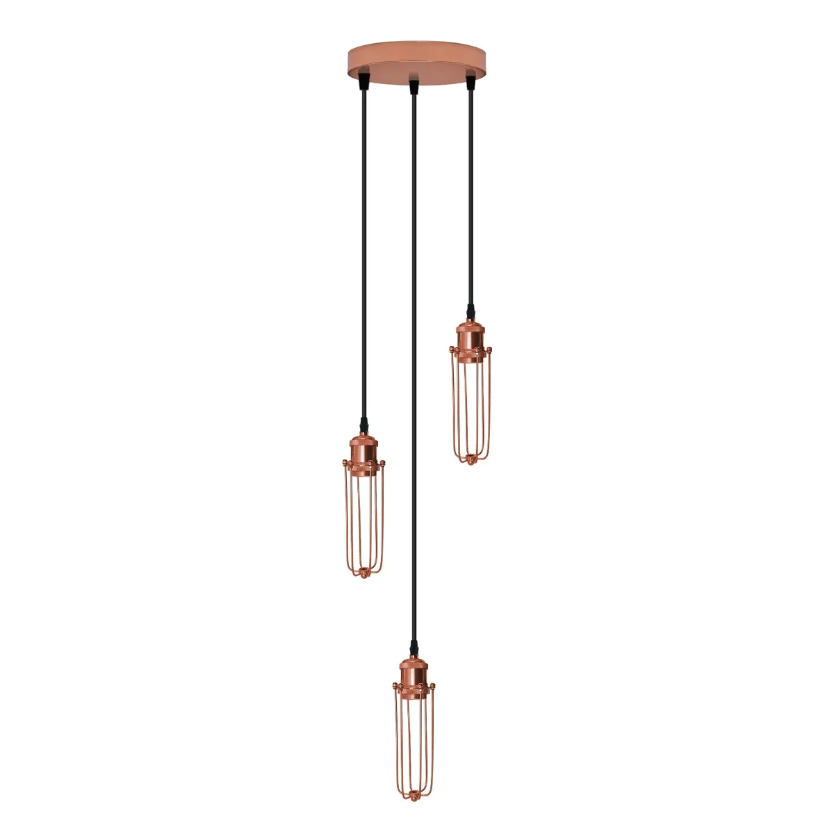 Rose gold 3-head pendant light with round wire cage shades and adjustable cords, compatible with E27 bulb pendant fittings