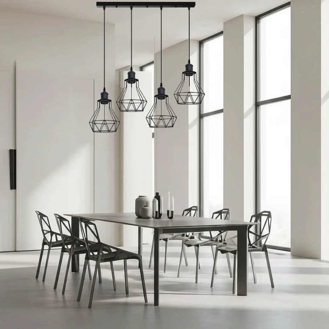 Black industrial pendant ceiling light with diamond-shaped metal wire cage lampshade and four E27 bulb holders hanging from ceiling