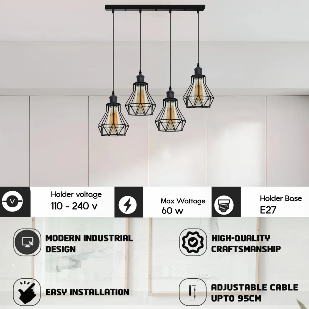 Modern industrial pendant ceiling light with black wire cage lampshade and diamond-shaped metal design hanging from ceiling