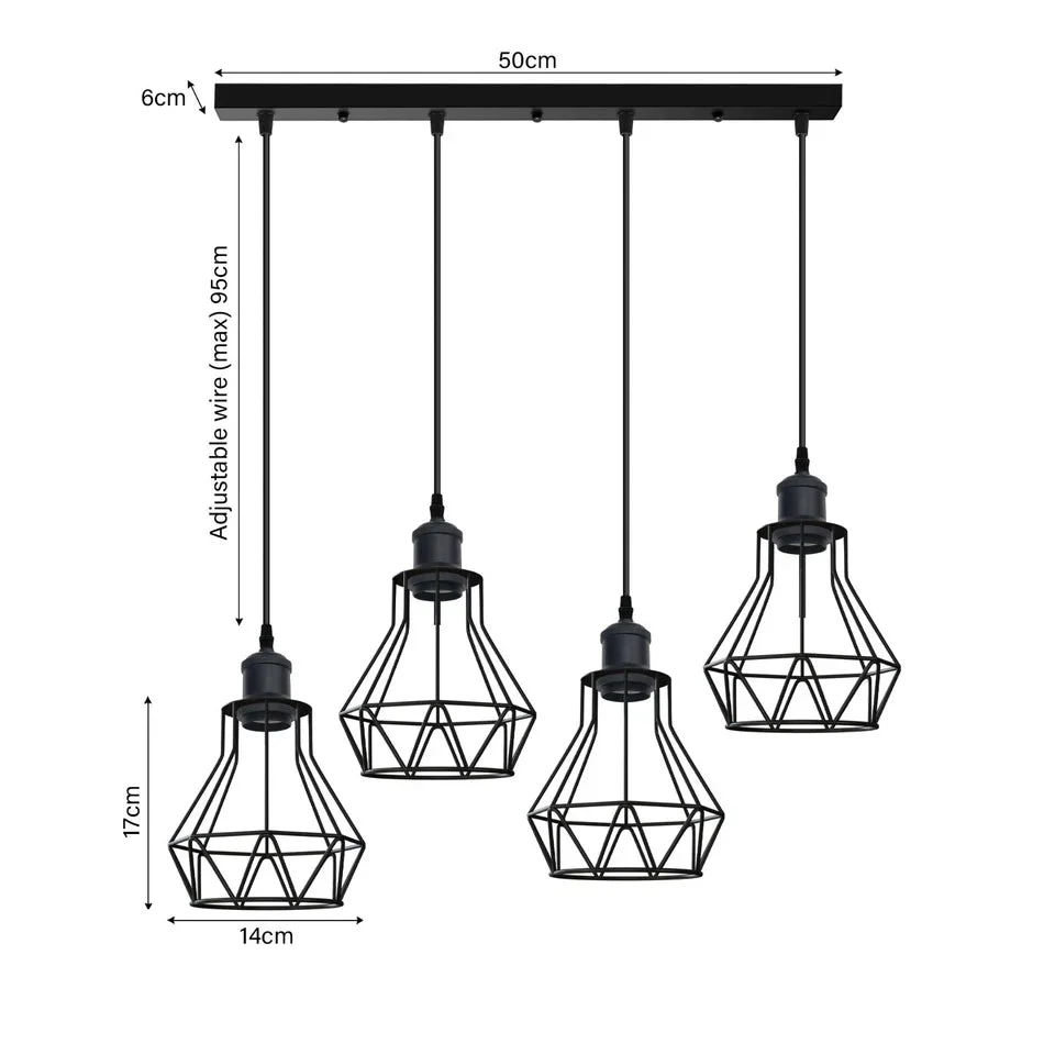 Black metal wire cage modern ceiling pendant light with diamond-shaped lampshade and four E27 bulb holders hanging from ceiling