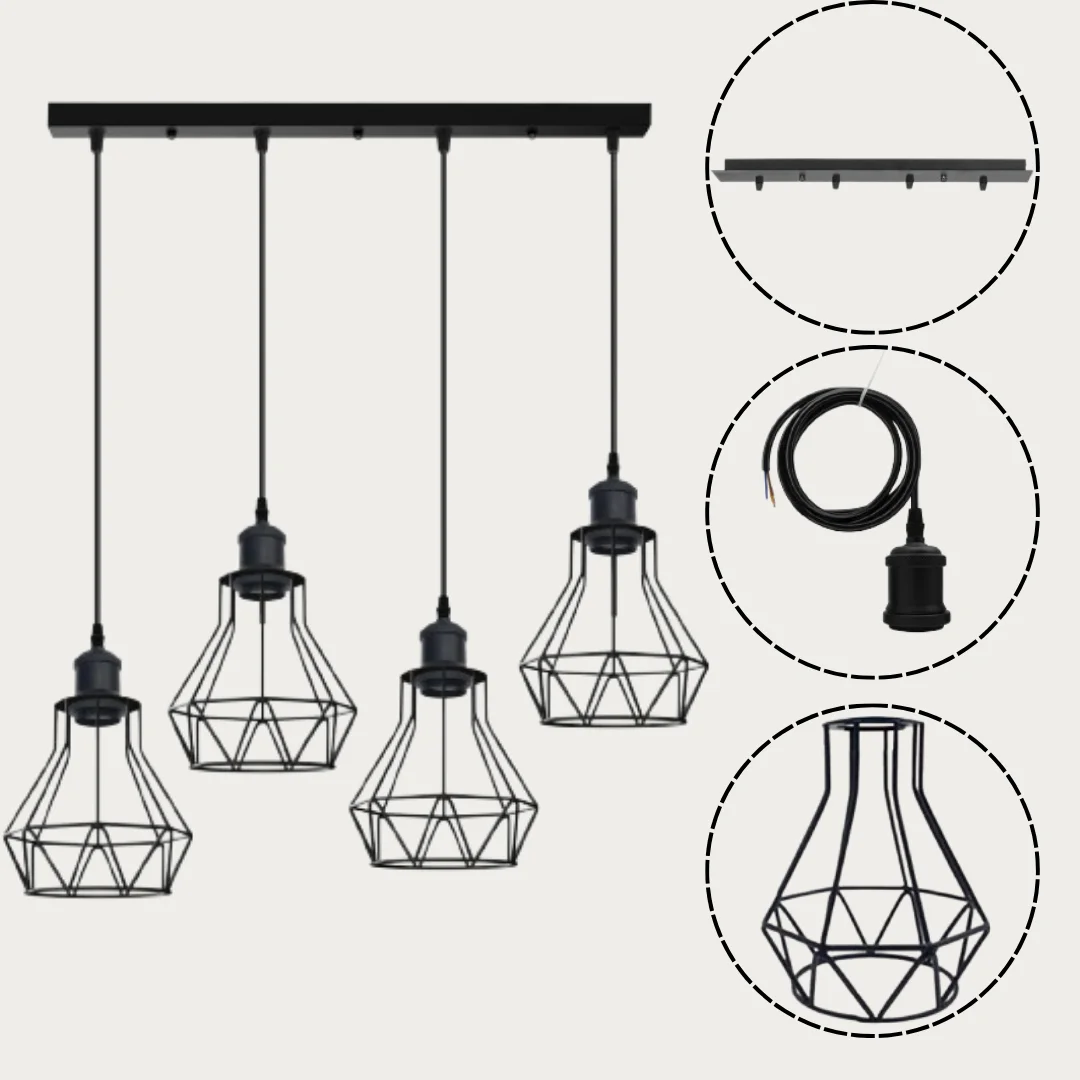 Black metal pendant lamp fitting with diamond-shaped wire cage lampshade and four E27 bulb holders hanging from ceiling rose