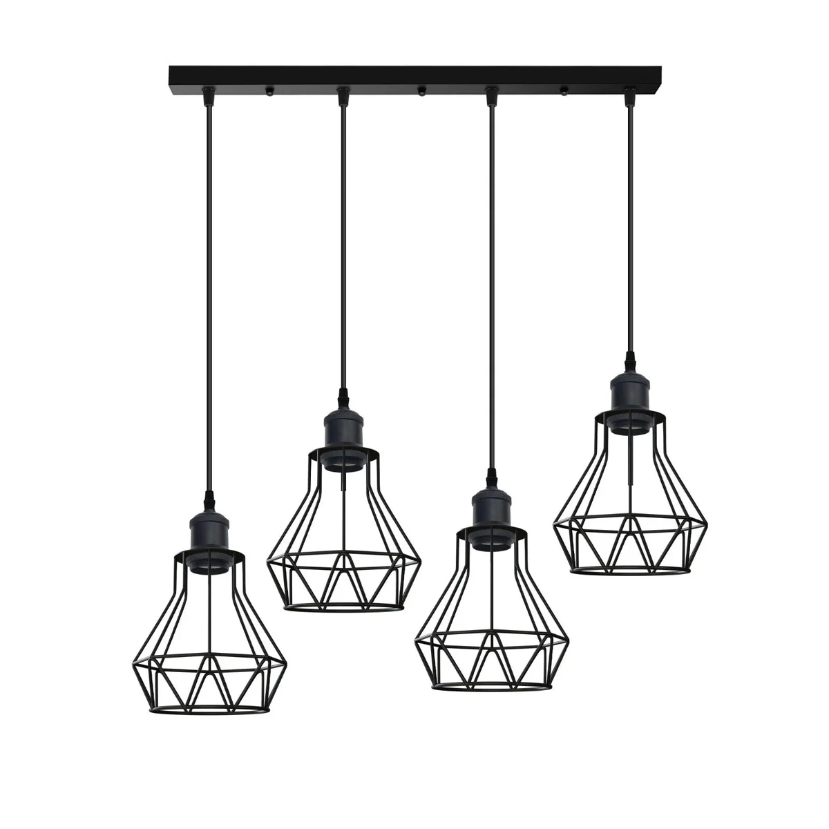 Black metal diamond shaped pendant light with wire cage lampshade and four E27 bulb holders hanging from ceiling