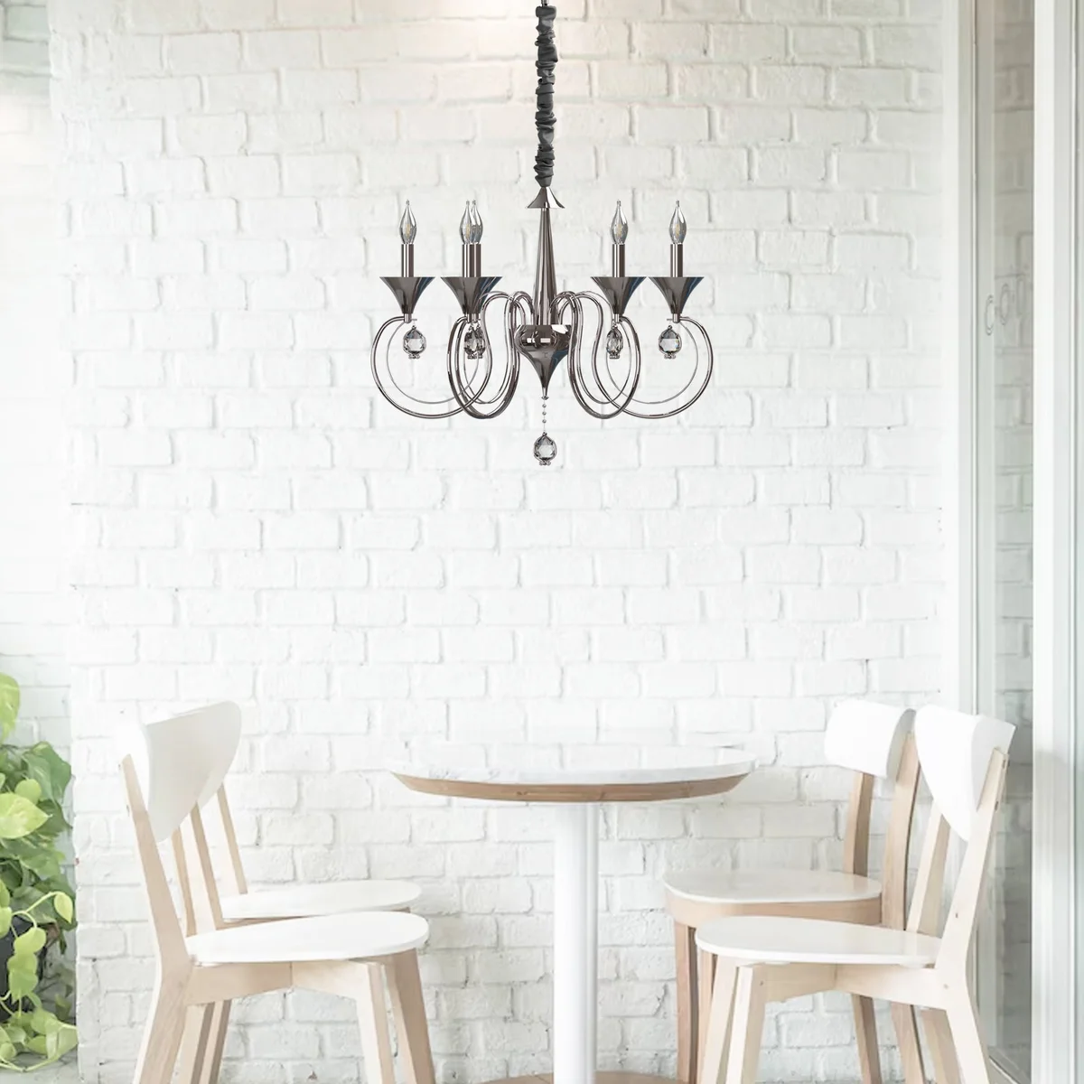Black candle chandelier with 6 curved arms, crystal droplets, and adjustable chain ceiling mount in traditional style