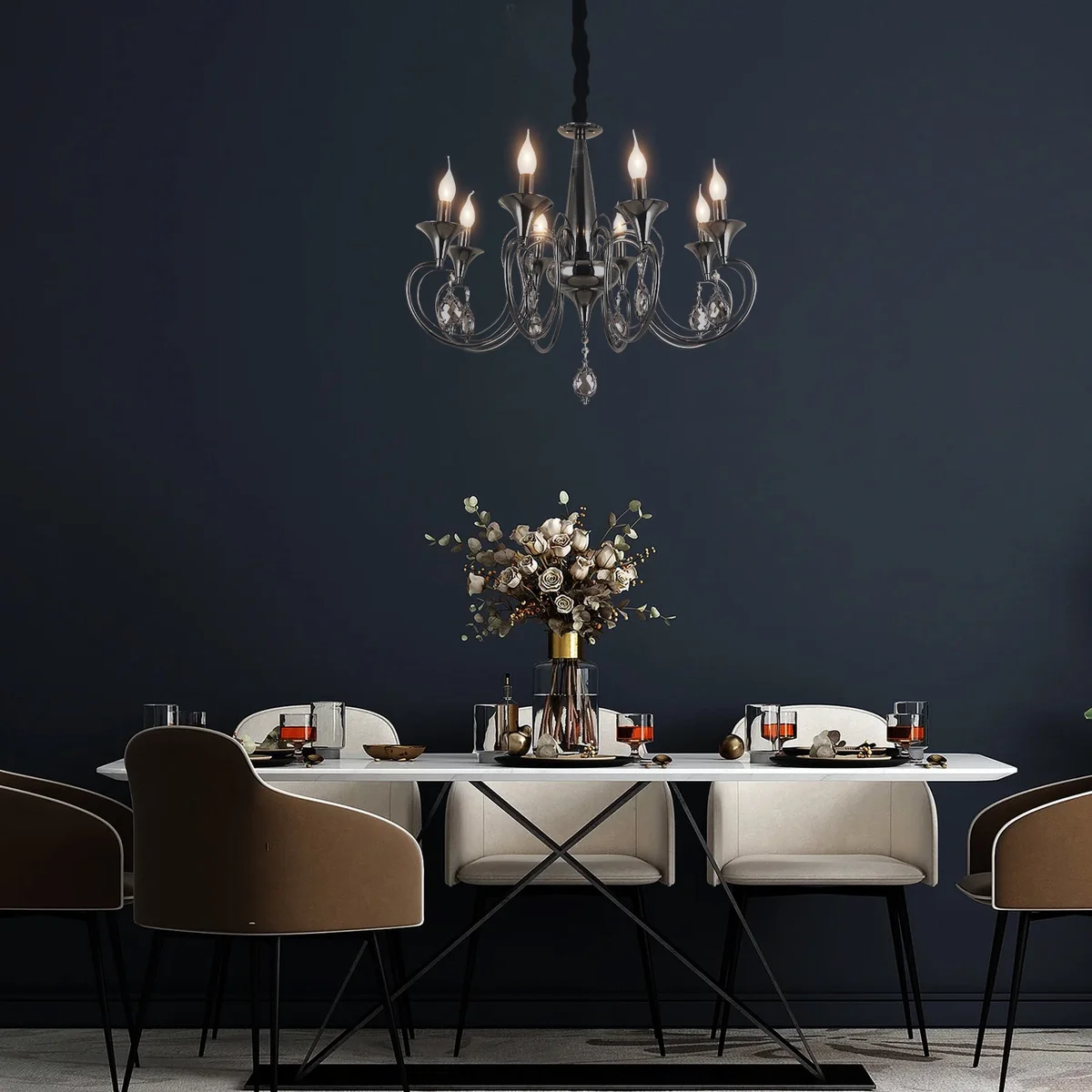 Black traditional candle chandelier with 6 curved arms, crystal droplets, and adjustable chain ceiling light fixture