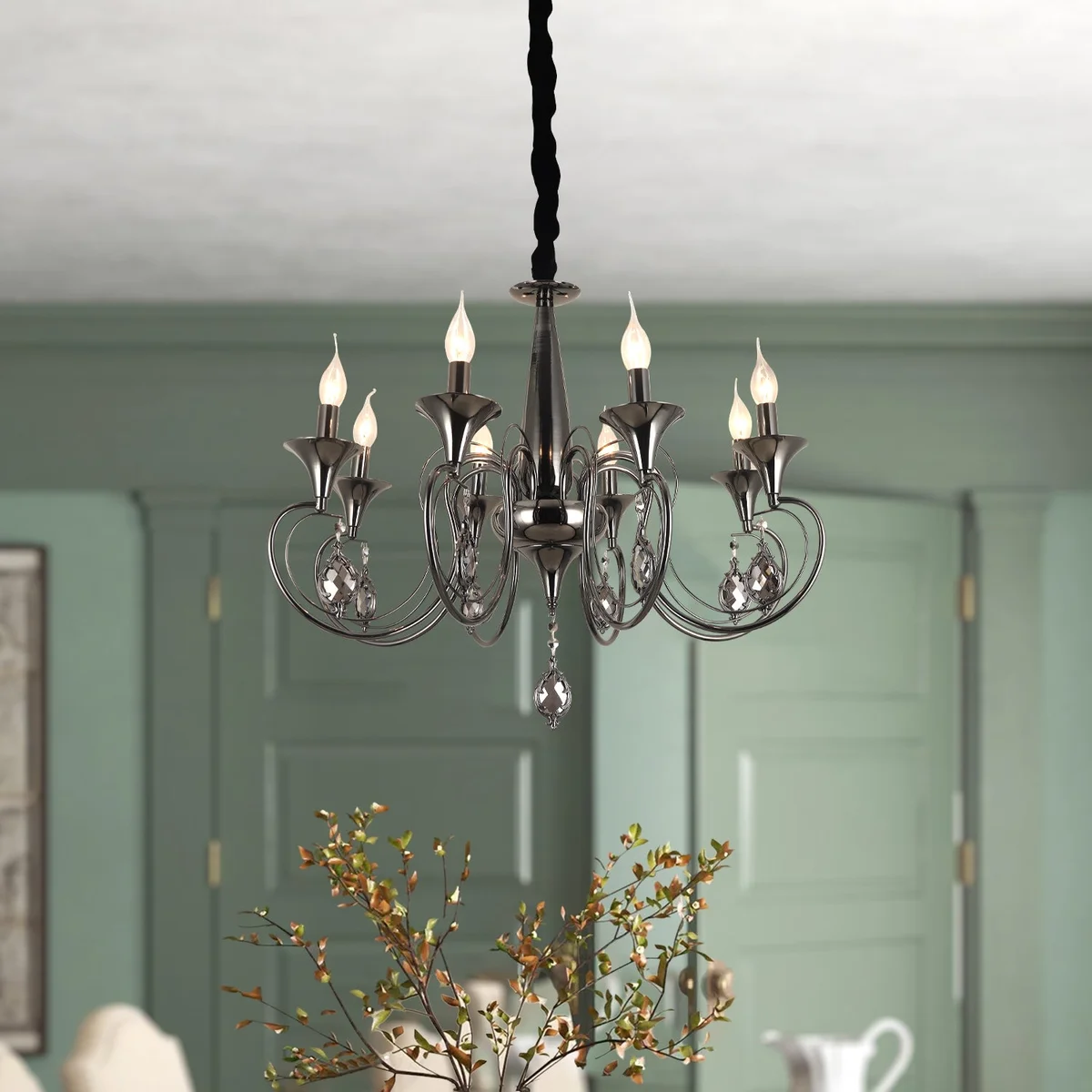Black metal candle chandelier with 6 curved arms and crystal droplets, dimmable pendant light for indoor use