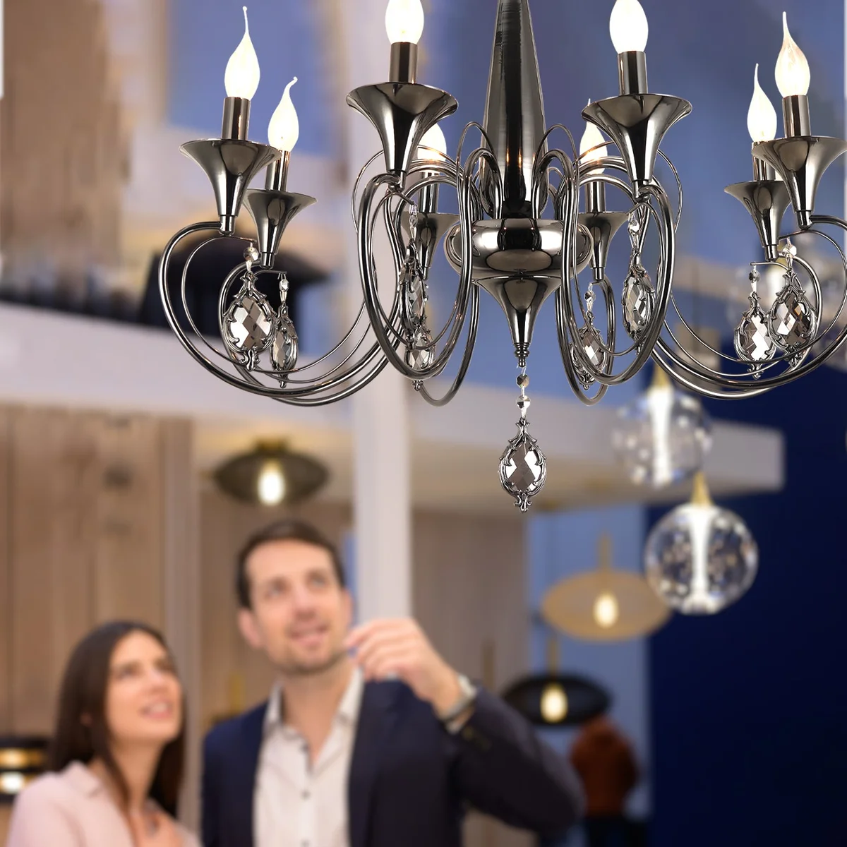 Black metal 6-arm candle chandelier with crystal droplets and adjustable chain for E14 bulb chandelier ceiling mounting