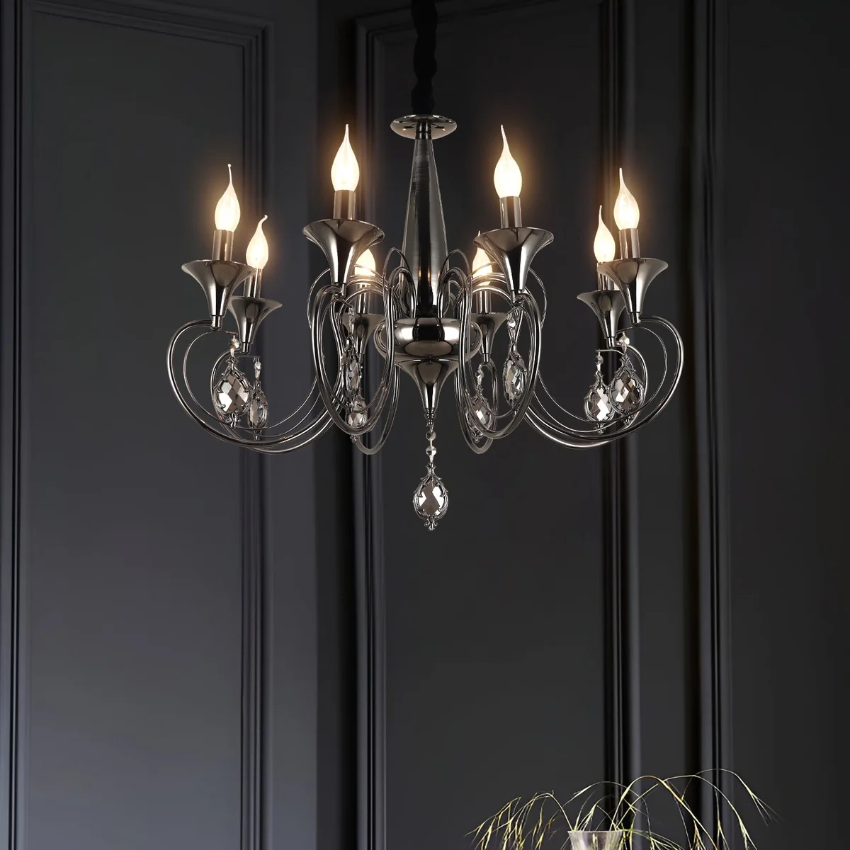 Metal black chandelier with 6 curved arms and crystal droplets, adjustable chain, ceiling mounted, traditional style