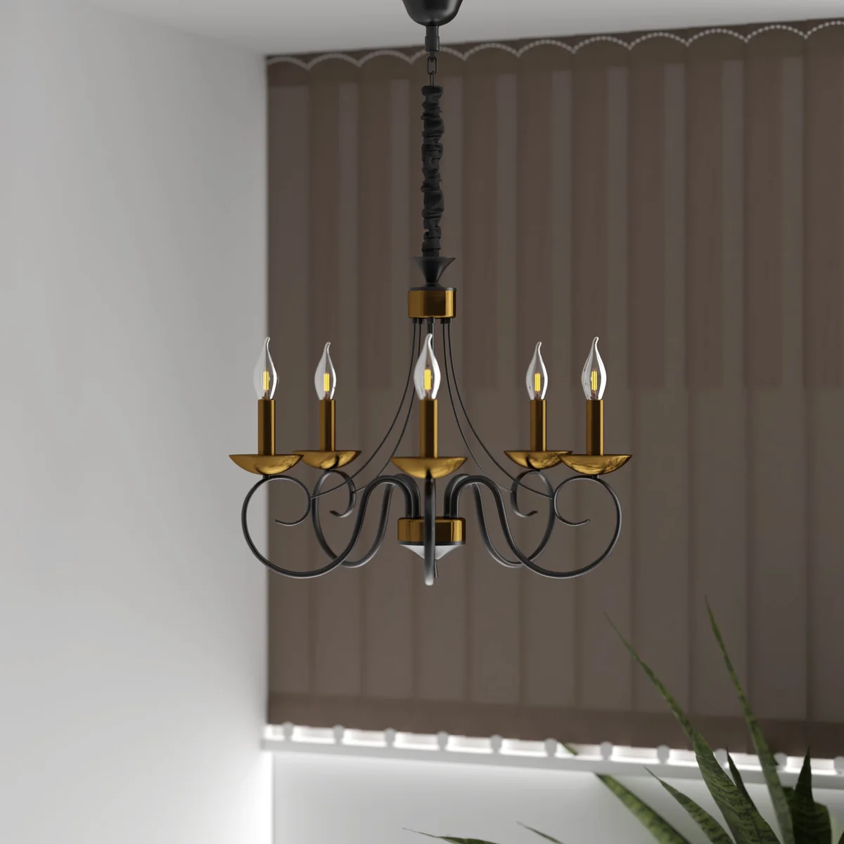 Traditional black and gold wrought iron chandelier with five candle-style lights and elegant scrollwork arms hanging from chain