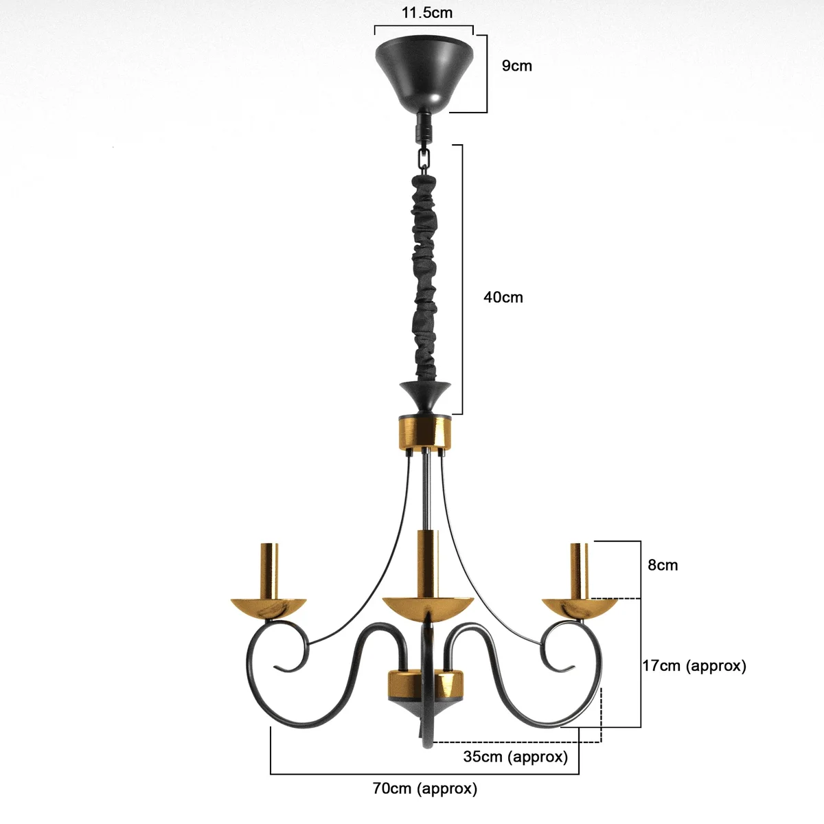Traditional ceiling light wrought iron chandelier with black scroll arms and gold candle holders, 5-light design hanging from chain