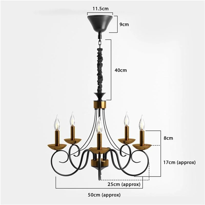 Traditional black and gold chandelier with five candle-style lights and elegant wrought iron scrollwork arms