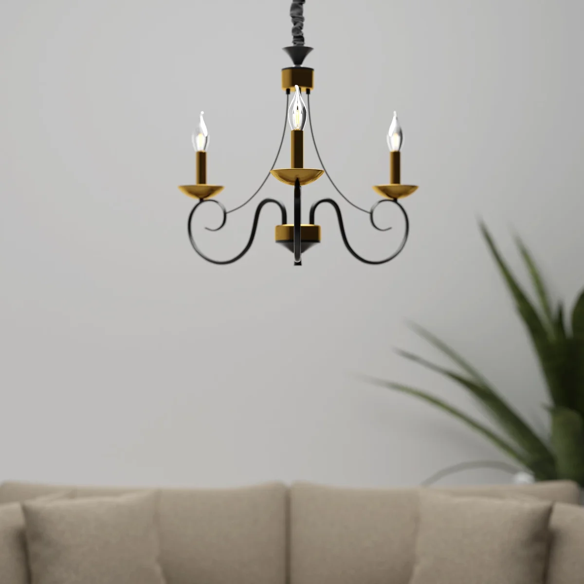 Traditional black wrought iron adjustable height chandelier with gold candle holders and elegant scrollwork arms
