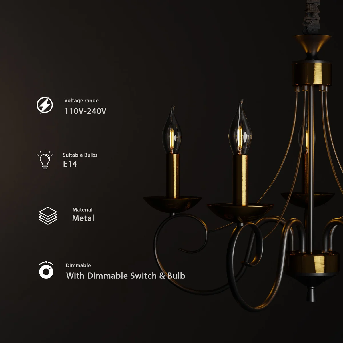 Black and gold wrought iron E14 candle chandelier with five scrollwork arms and adjustable hanging chain against white background
