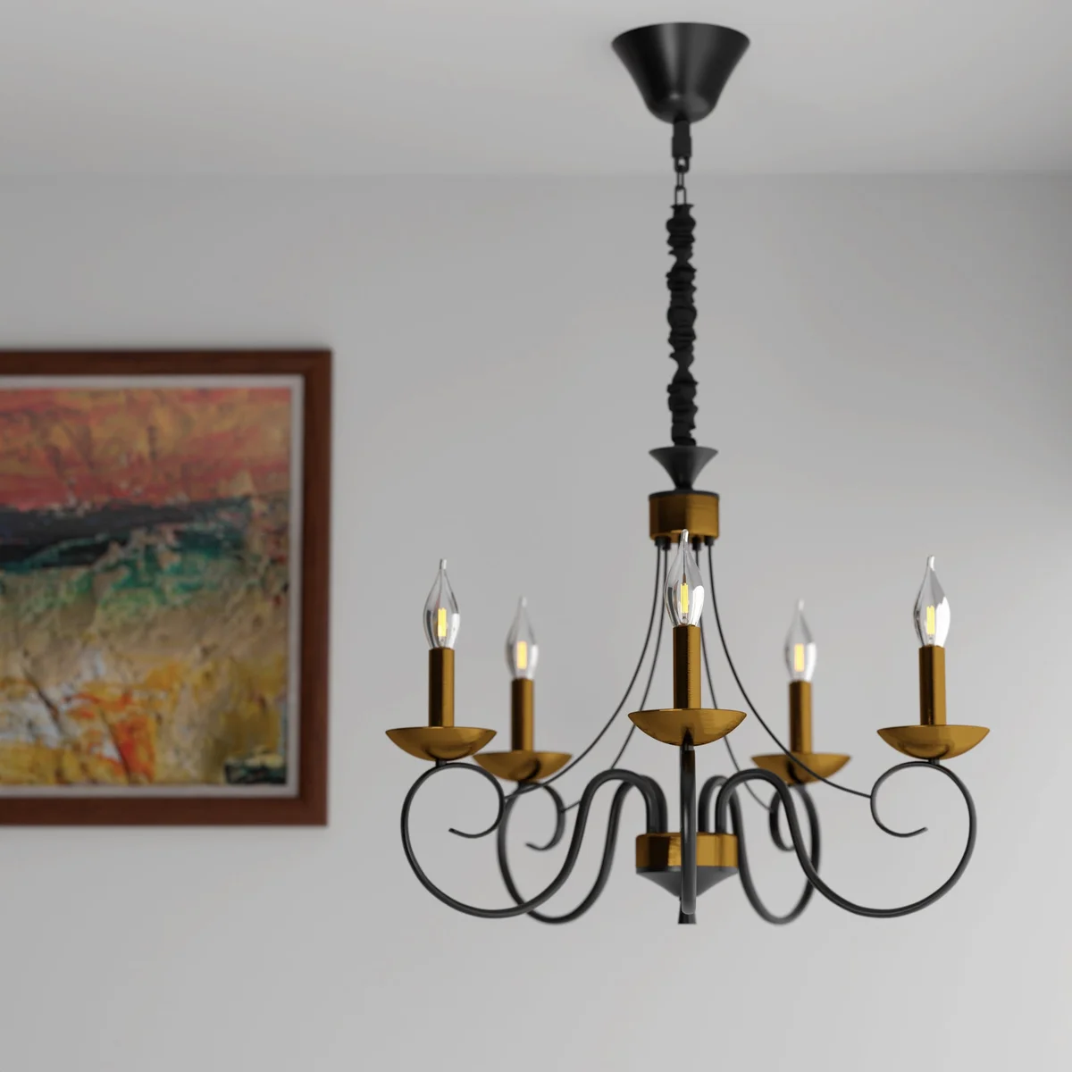 Black and gold dimmable wrought iron light with five candle-style bulbs and adjustable hanging chain on white background
