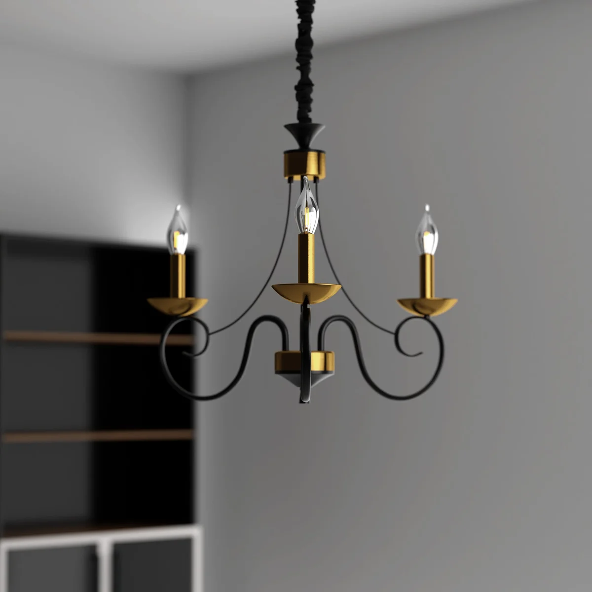 Traditional black and gold wrought iron chandelier with five candle-style lights and adjustable hanging chain against white background
