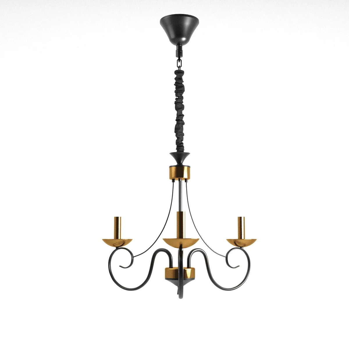 Traditional black and gold wrought iron chandelier with five candle-style lights and elegant scrollwork arms hanging from adjustable chain