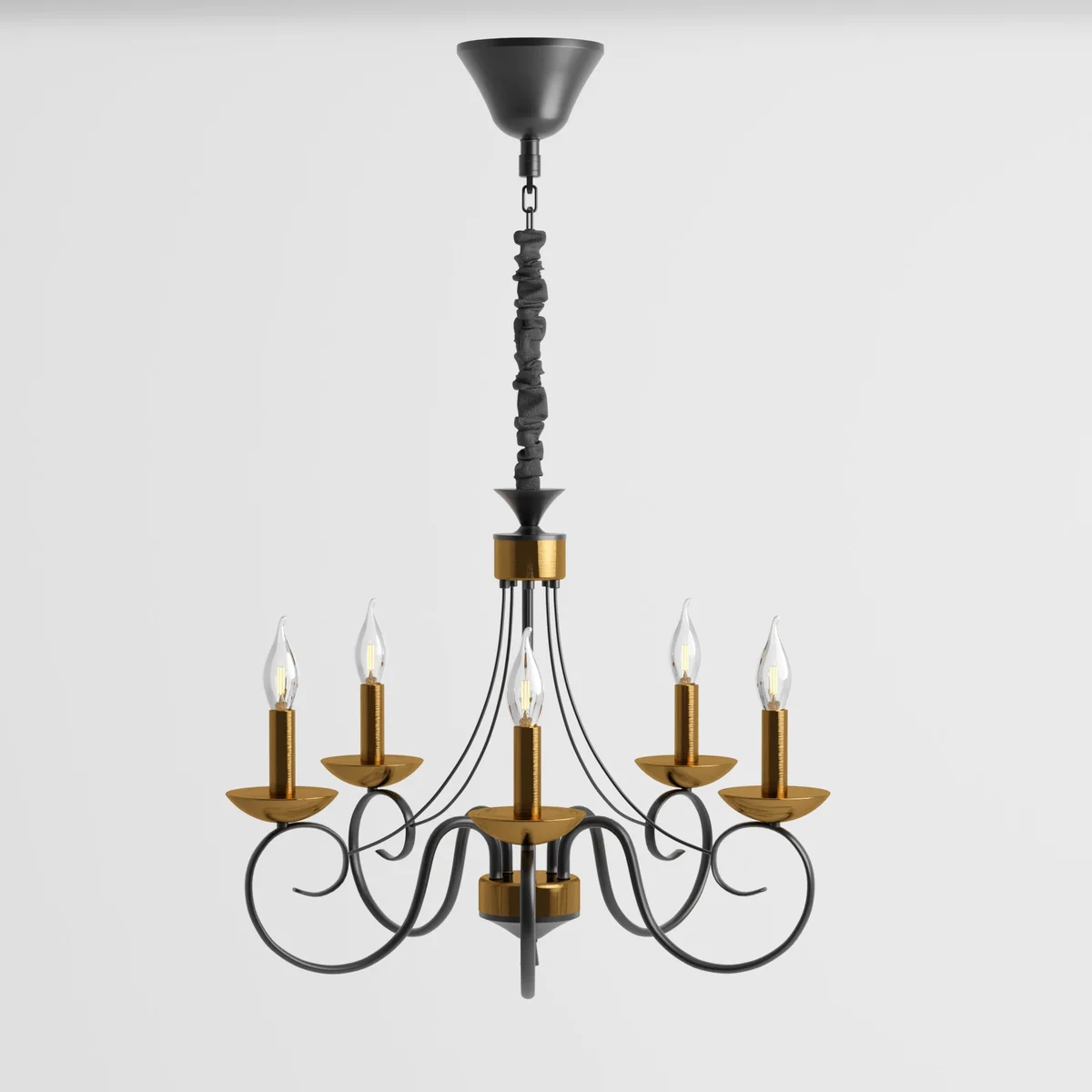 Traditional black and gold wrought iron chandelier with five candle-style lights and adjustable hanging chain on white background