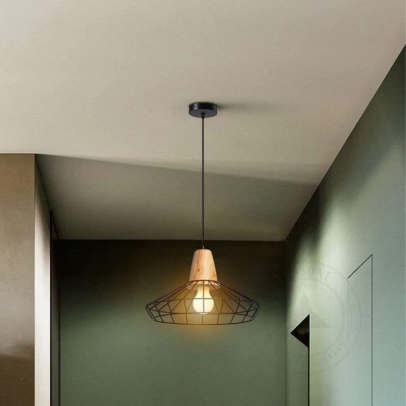 Black wire cage pendant light with vintage metal and wood design, ceiling mounted, compatible with E27 bulbs, dimmable