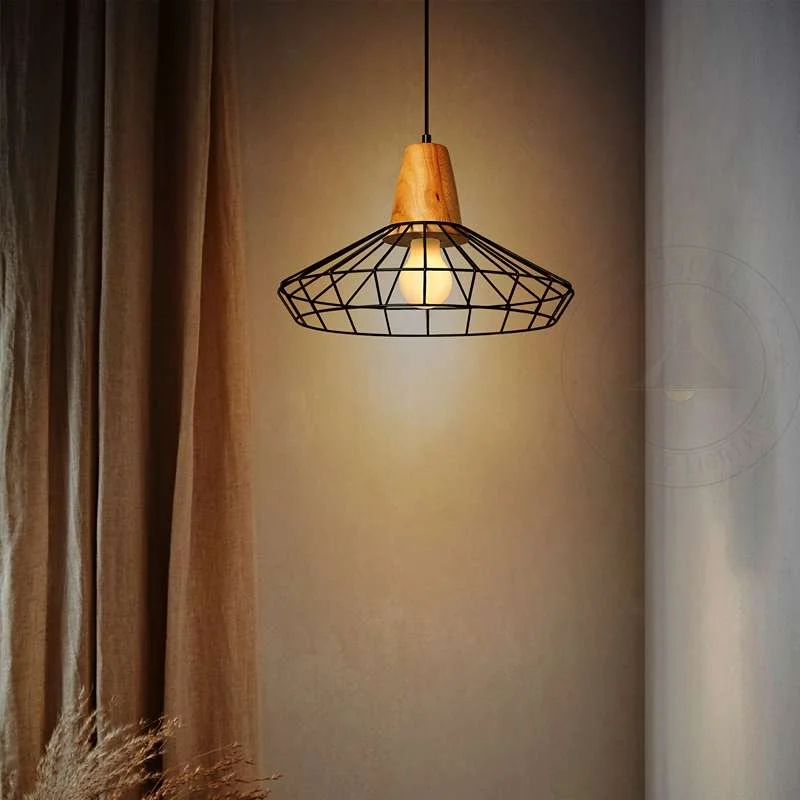 Vintage pendant light with black wire cage, metal and wood materials, ceiling-mounted with adjustable PVC cable