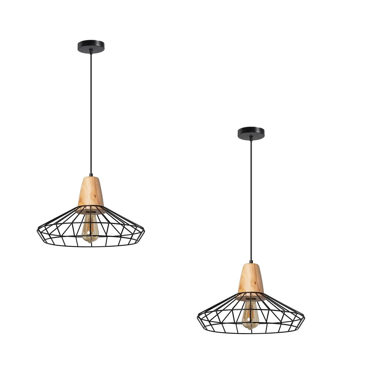 Metal and wood pendant lighting with black wire cage, vintage style, ceiling mounted with adjustable PVC cable