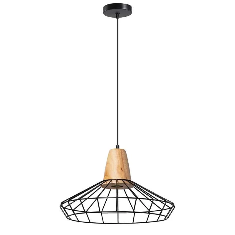 Black wire cage pendant light with adjustable cable hanging from ceiling, vintage style for indoor use